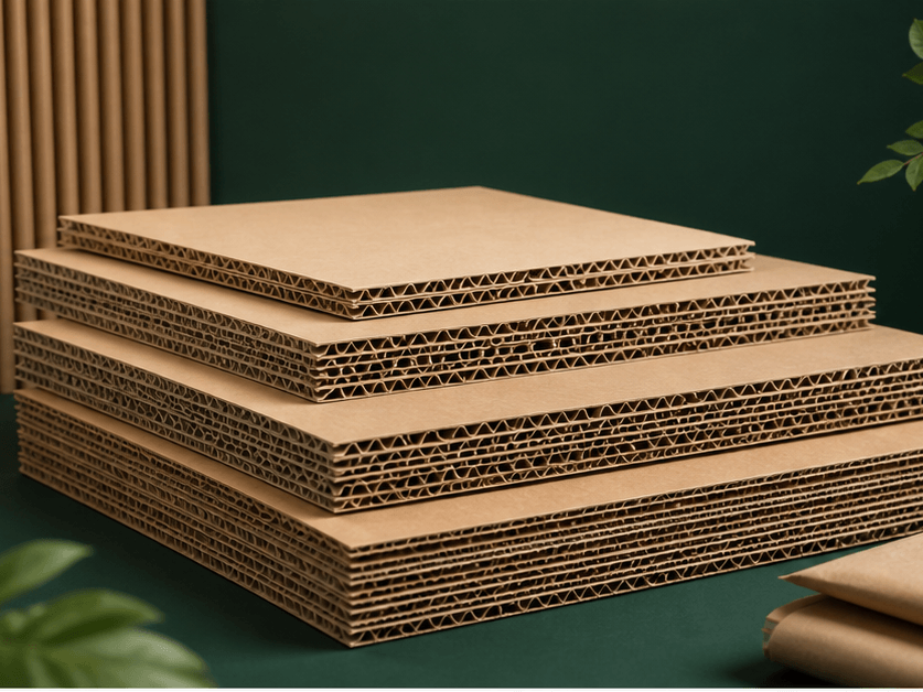 Stacked heavy-duty corrugated board sheets showing thicker flutes