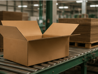 Open regular slotted carton moving on a factory conveyor