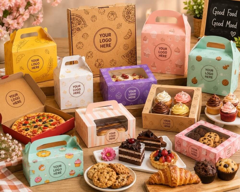 Assorted bakery boxes with cake and cupcake packaging