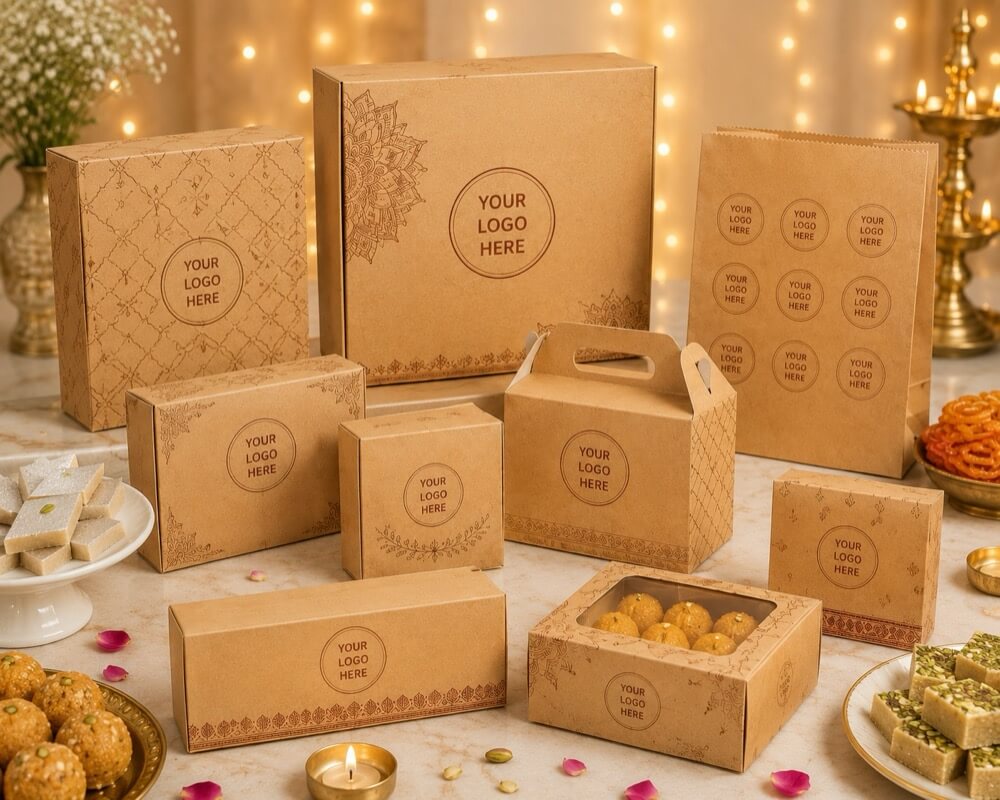 Kraft bakery and mithai box range with printed patterns