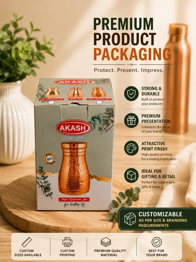 Akash printed product carton for copper jar retail packaging
