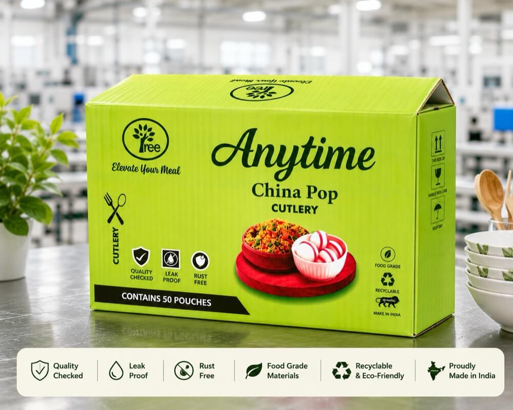 Anytime green printed corrugated carton for food-grade cutlery