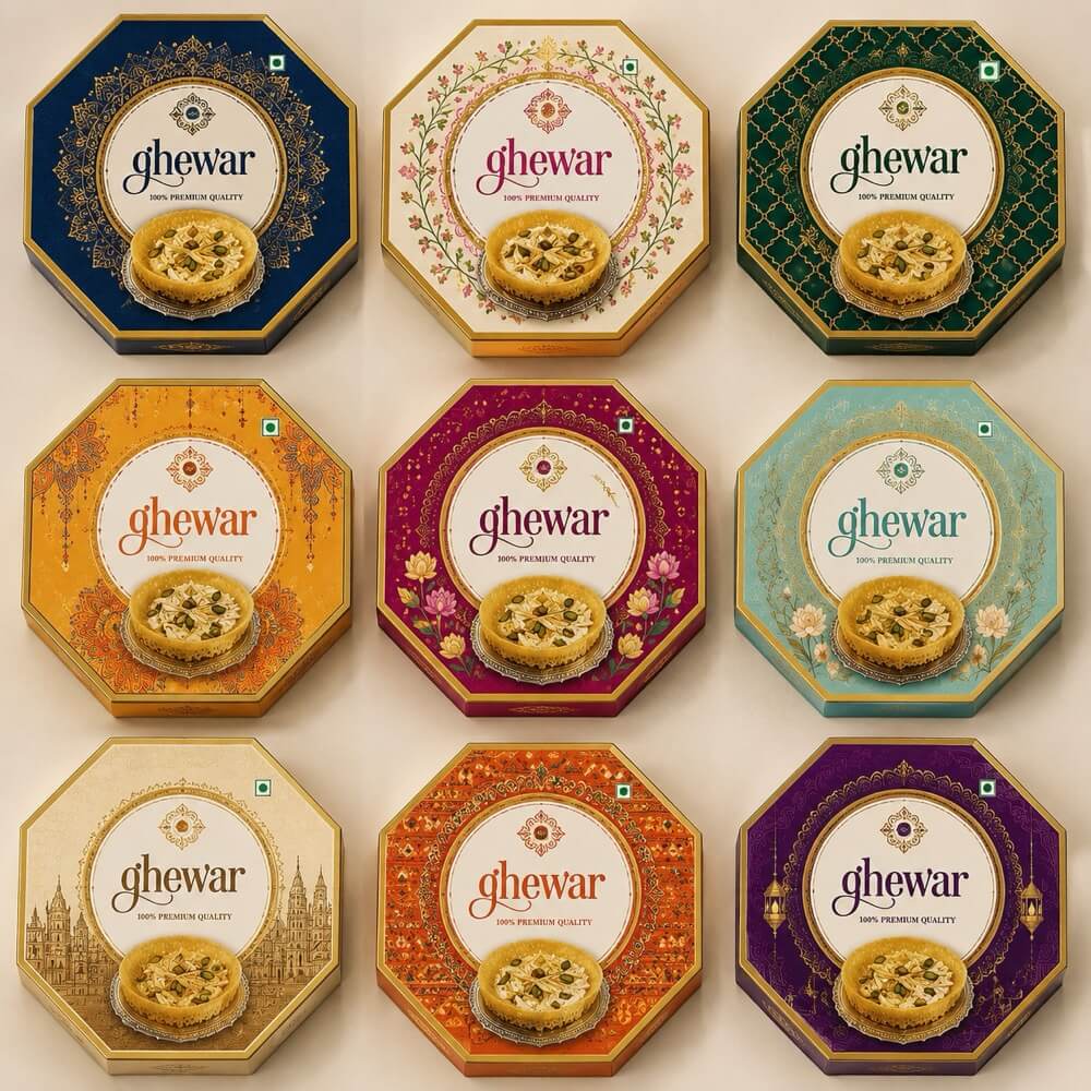 Assorted octagonal ghewar box designs in festive colors
