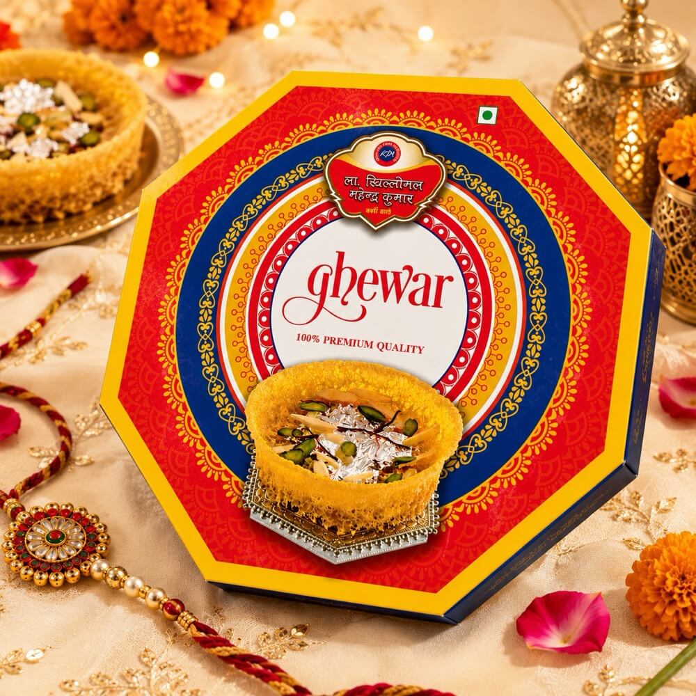 Premium octagonal ghewar mithai box with festive print