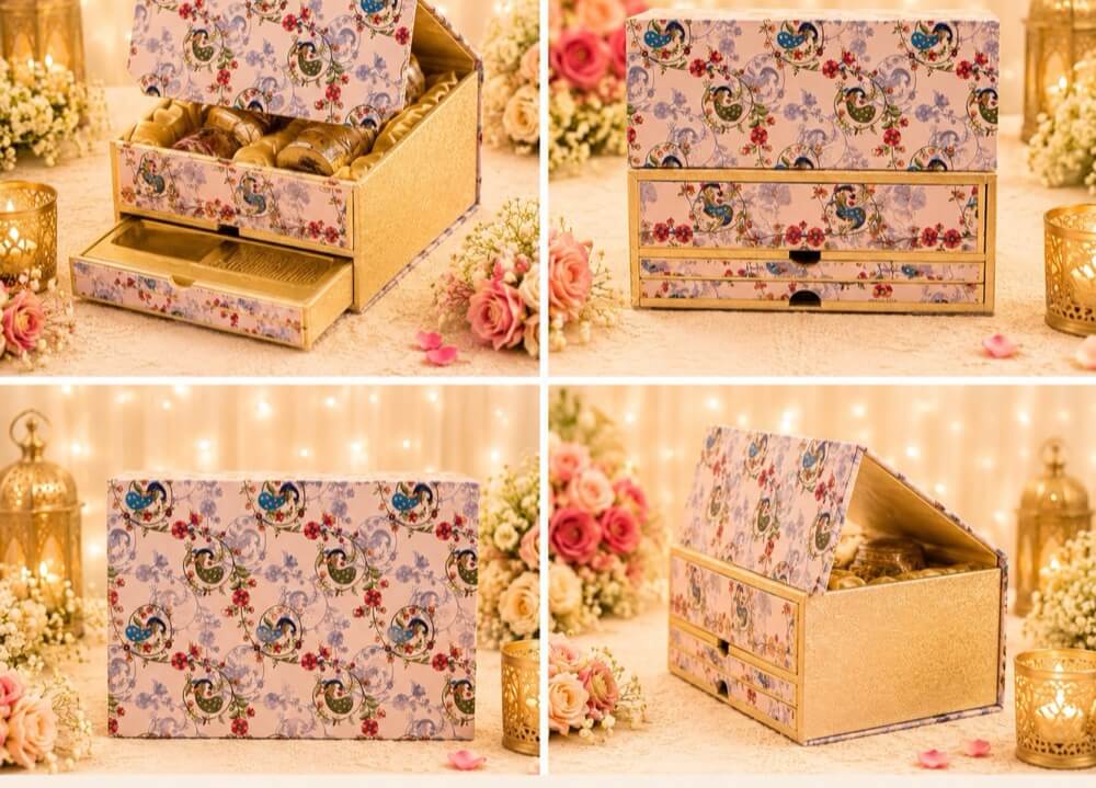 Drawer-style premium gift box with floral printed panels
