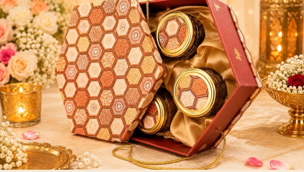 Hexagonal premium gift hamper box with coordinated jars