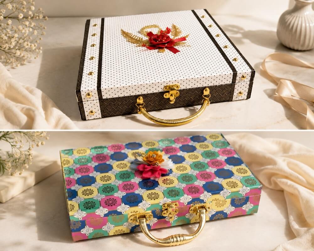 Premium suitcase-style gift boxes with handles and decorative hardware
