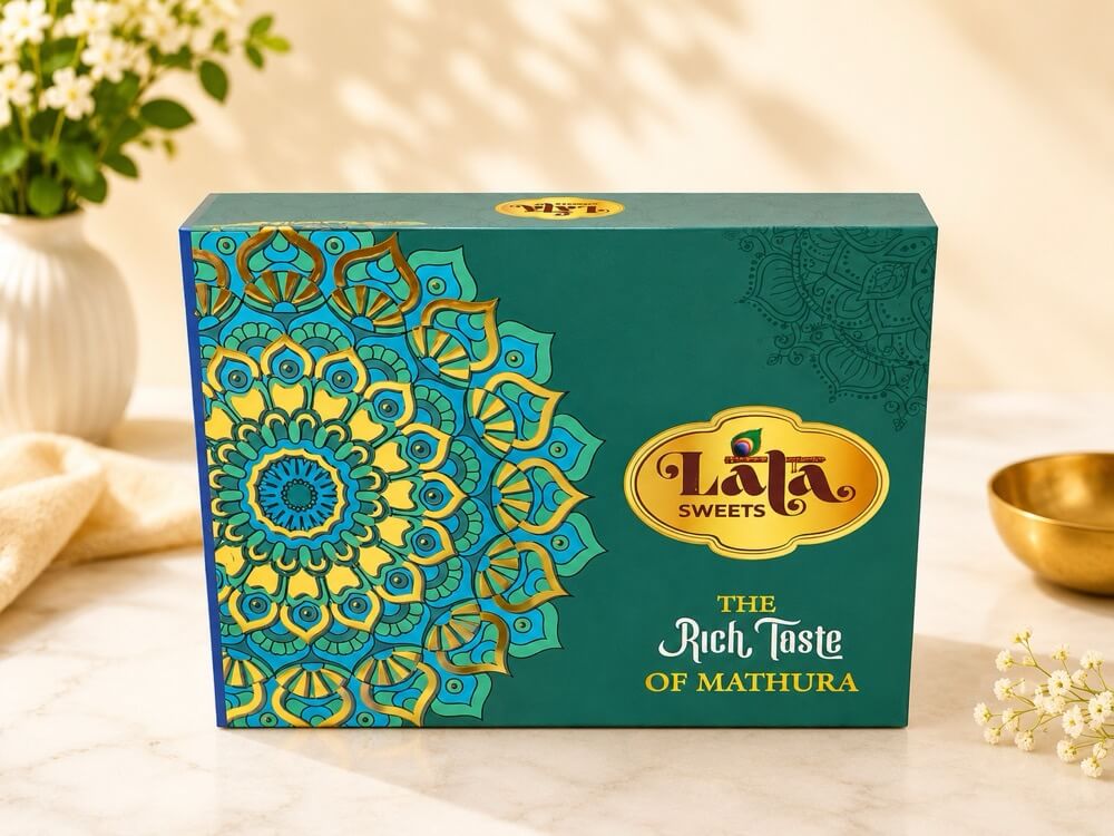 LaLa Sweets green branded mithai box with mandala artwork