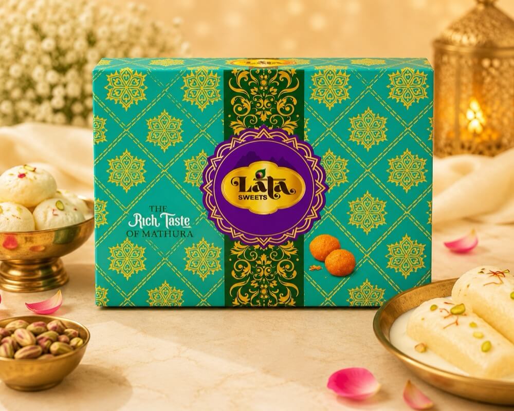 LaLa Sweets branded mithai box in teal and gold