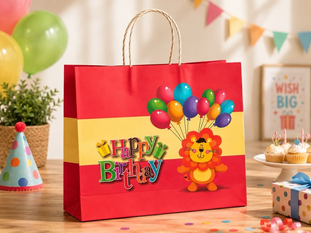 Printed birthday paper carry bag with twisted handles