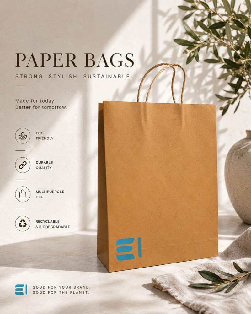 Brown kraft carry bag with Envox mark and sustainability messaging