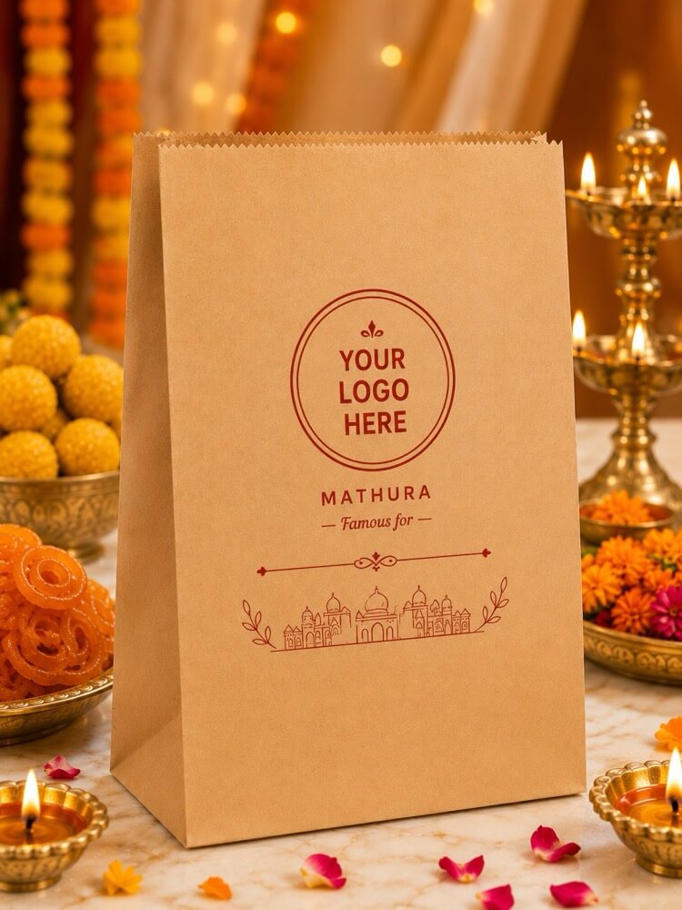 Kraft sweet shop paper bag with custom logo placement and Mathura print