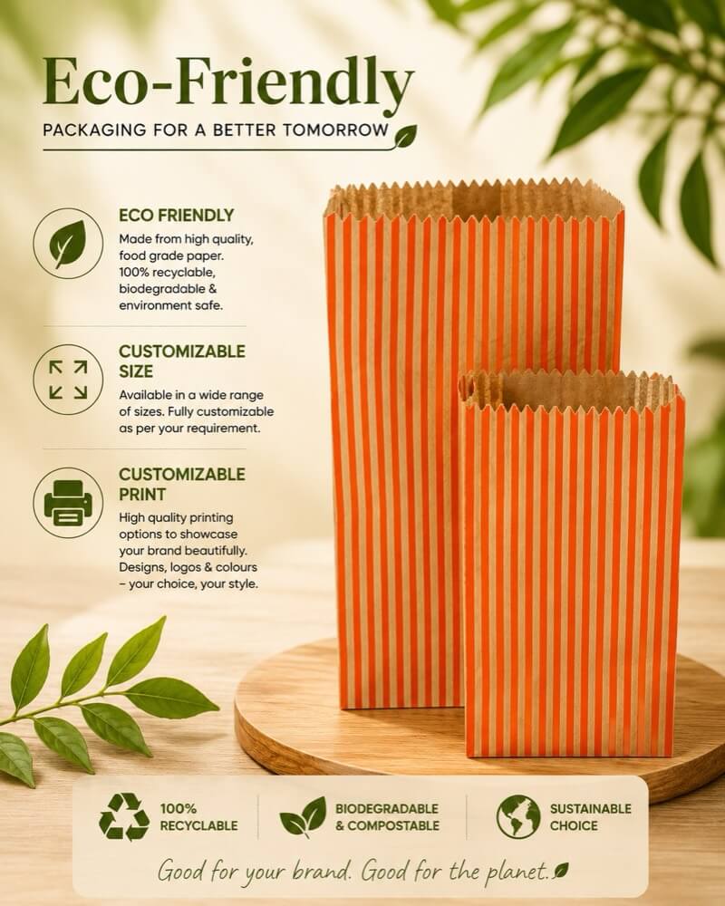 Striped self-opening square paper bags in two sizes