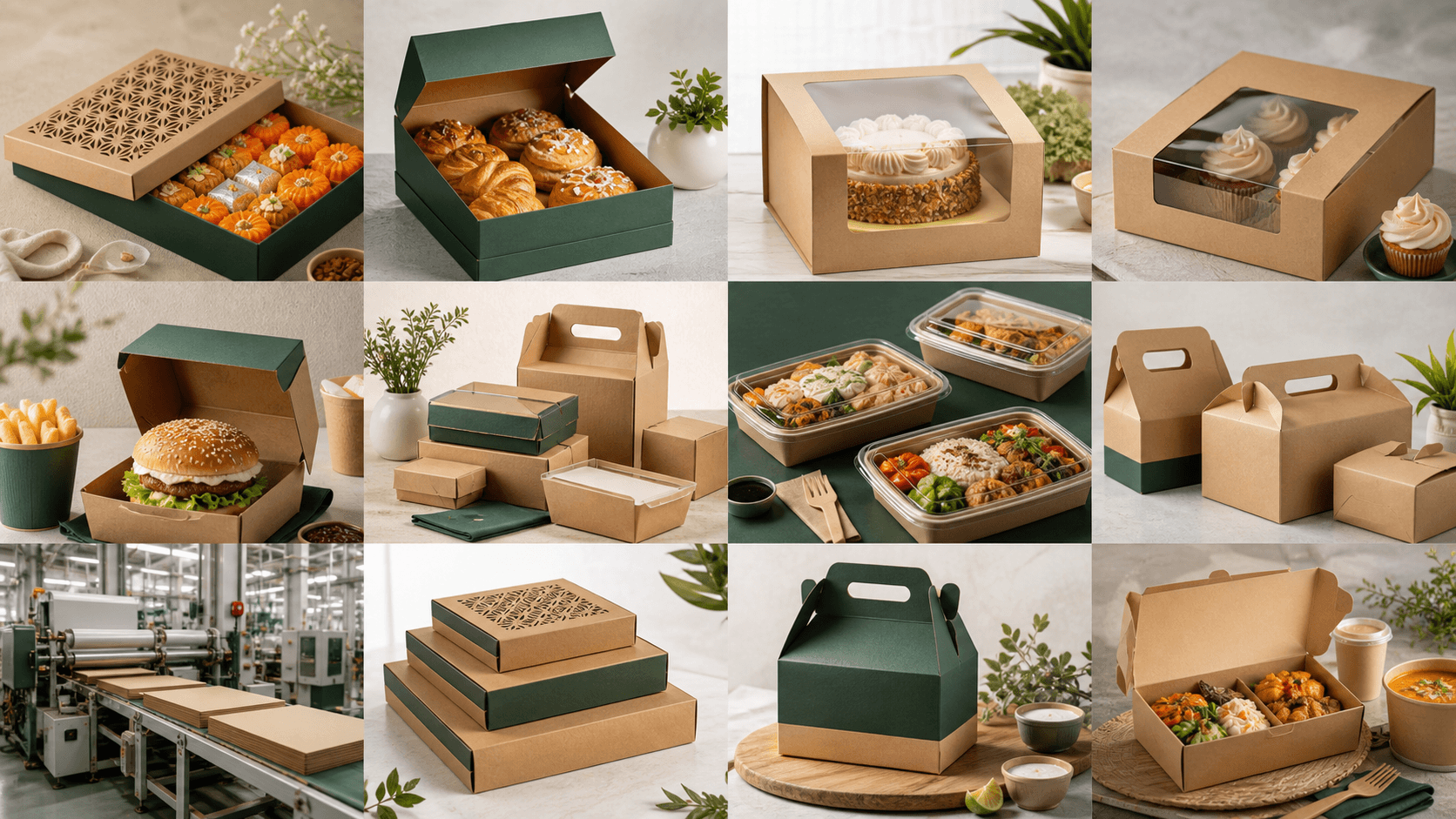 Food packaging collage with sweet boxes, bakery boxes, burger boxes, and meal trays