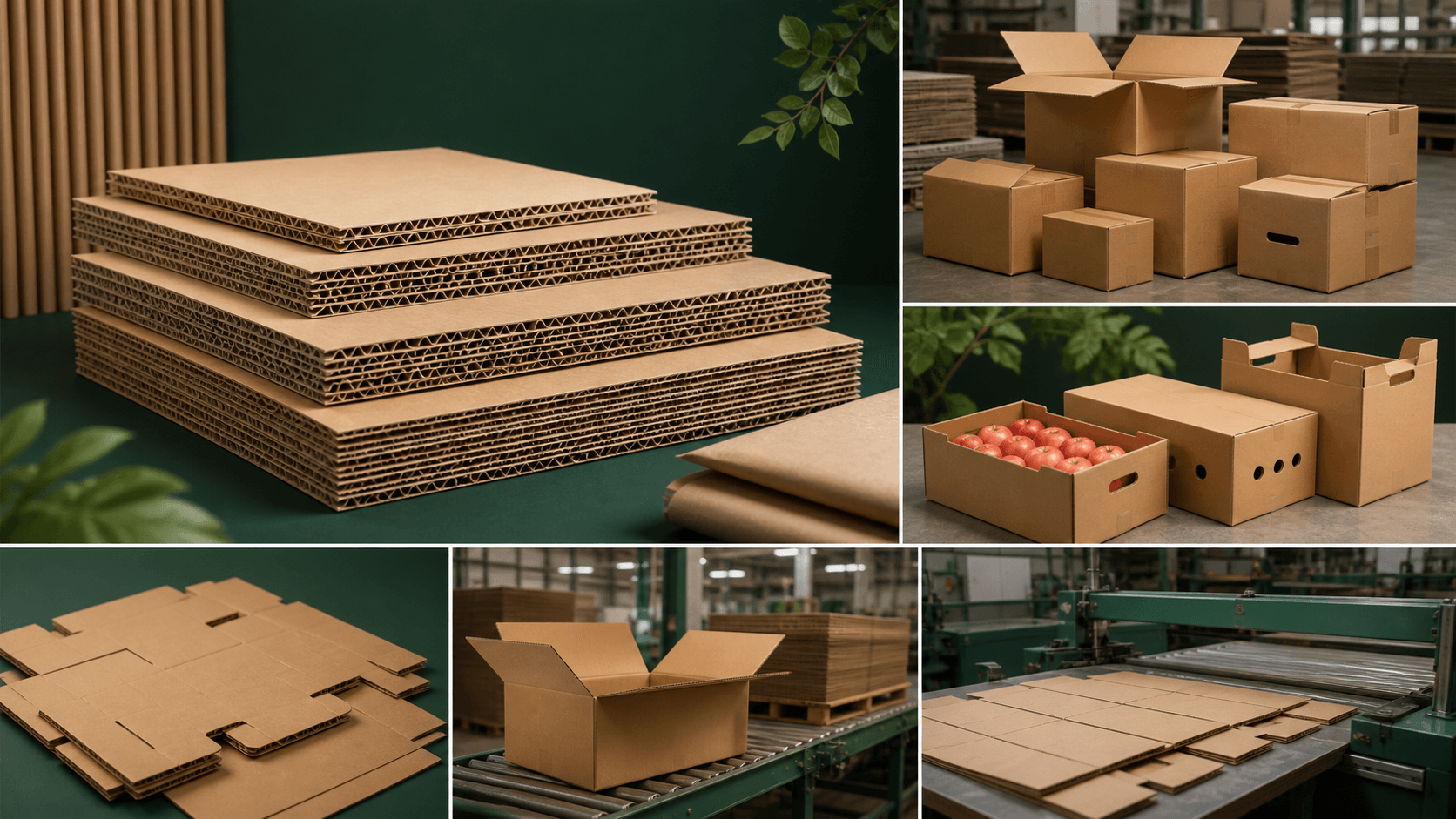 Corrugated carton manufacturing collage with cartons, sheets, and fruit boxes