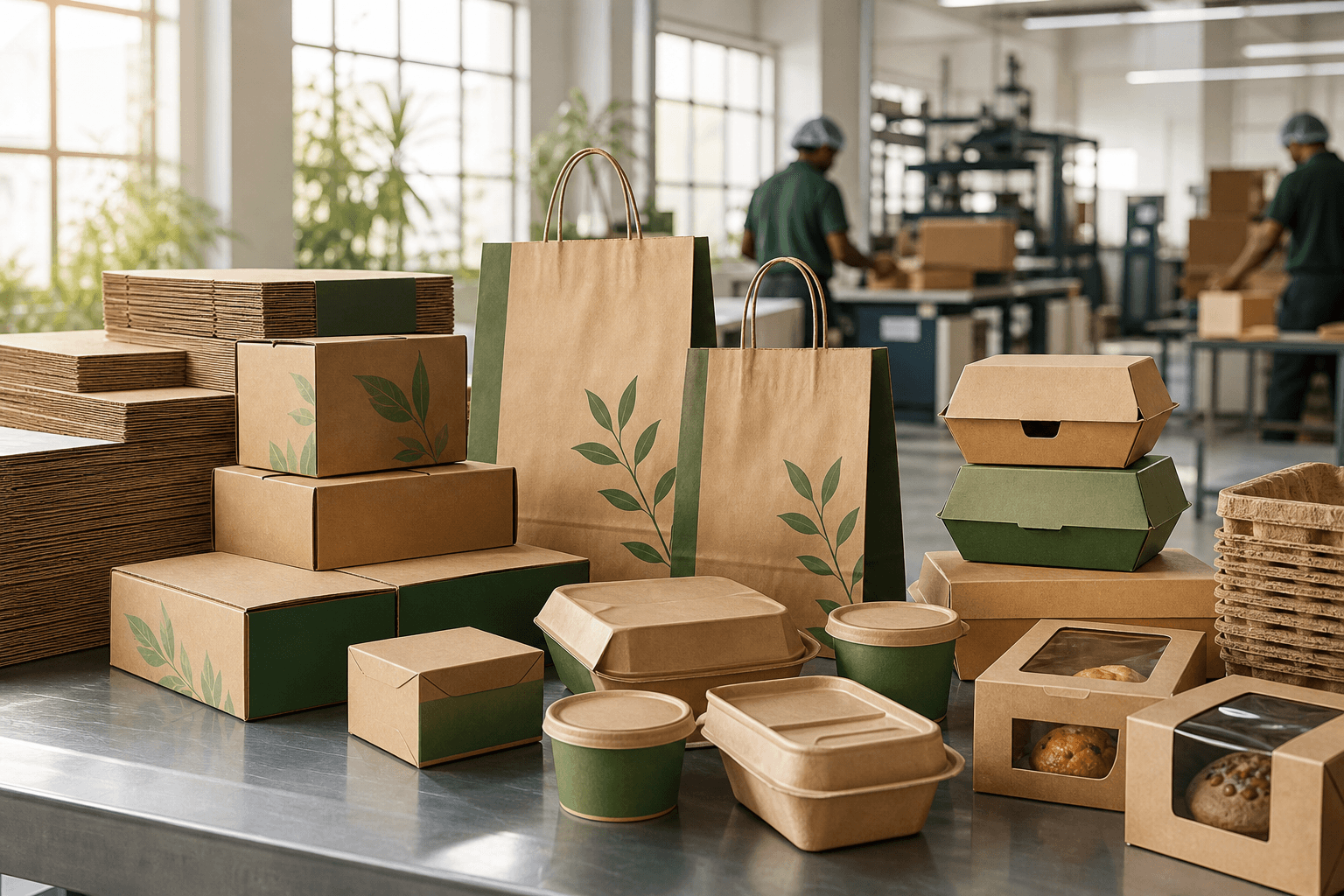 Kraft cartons, paper bags, bakery boxes, and restaurant packaging in a manufacturing workspace