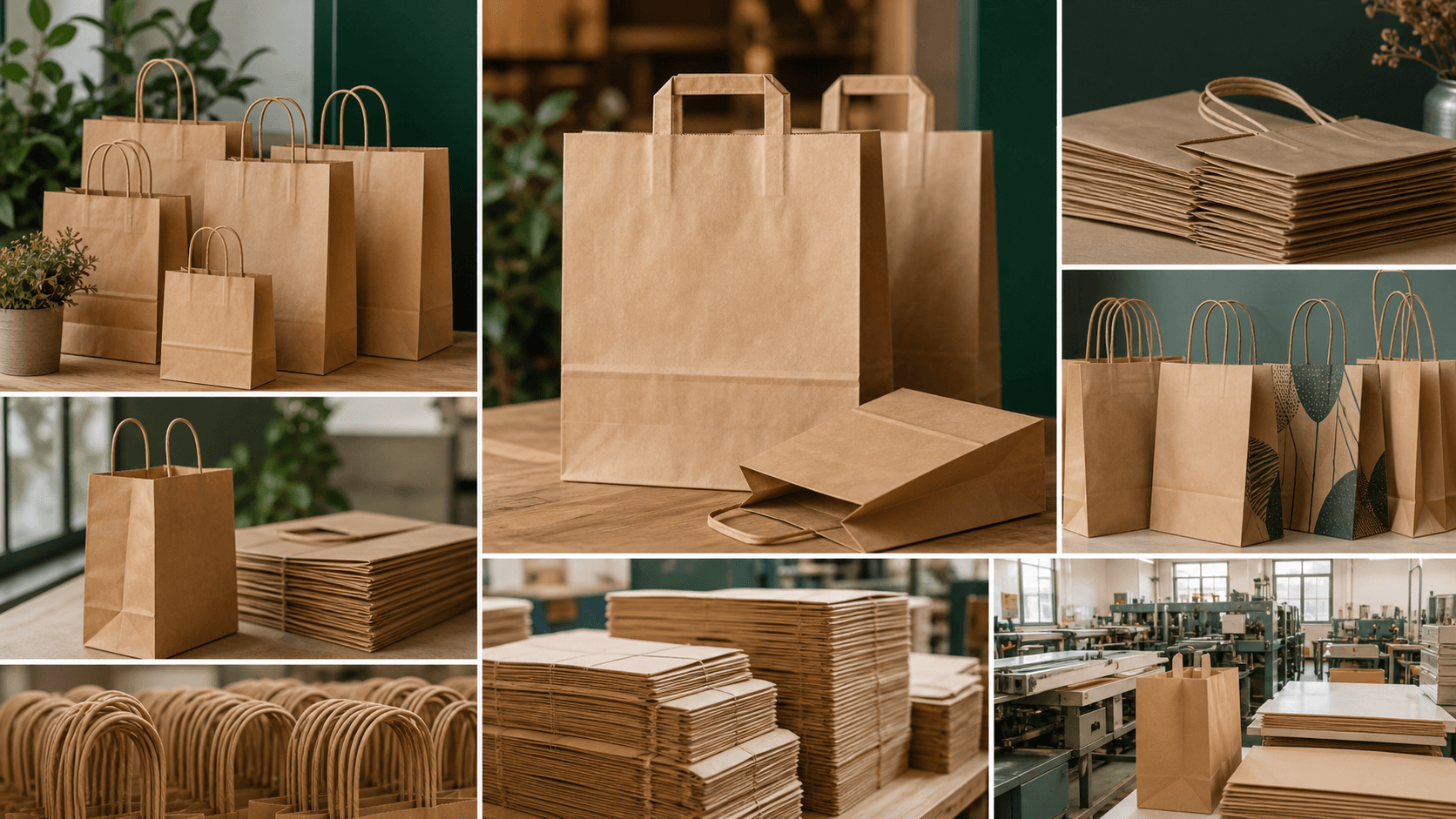 Paper bag manufacturing collage with kraft paper bags and factory production