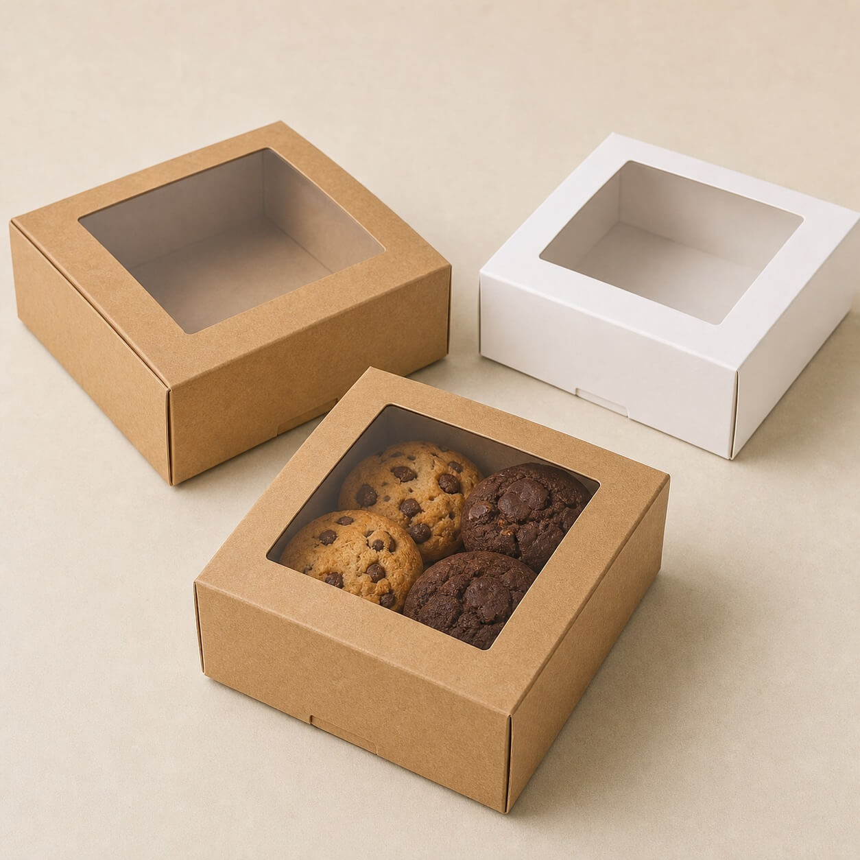 Kraft and white bakery window boxes for cookies