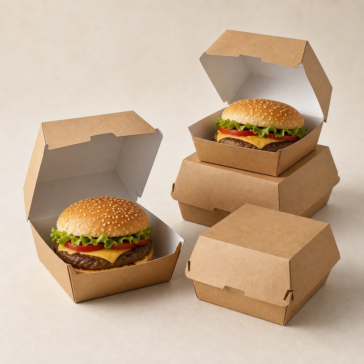 Kraft burger boxes with open and closed takeaway formats